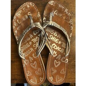 Coach Molly tan and silver metallic leather heart sandals flip flops Thongs 7.5